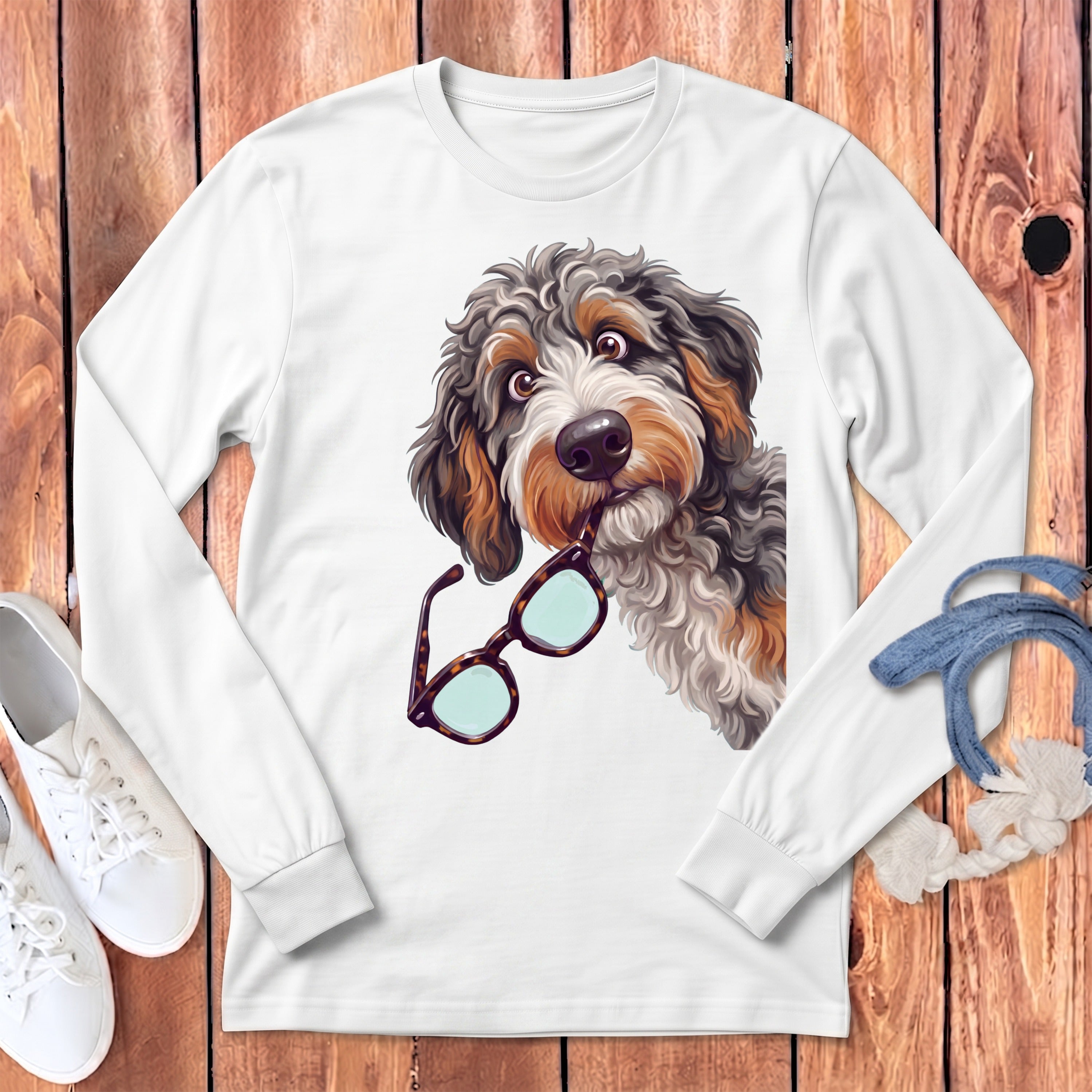 White long-sleeve t-shirt featuring a cartoon illustration of a fluffy Bernedoodle biting glasses.