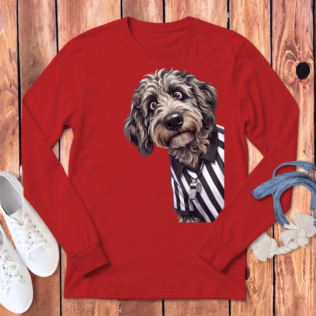 Red long sleeve shirt with a cartoon dog in a referee uniform and whistle.
