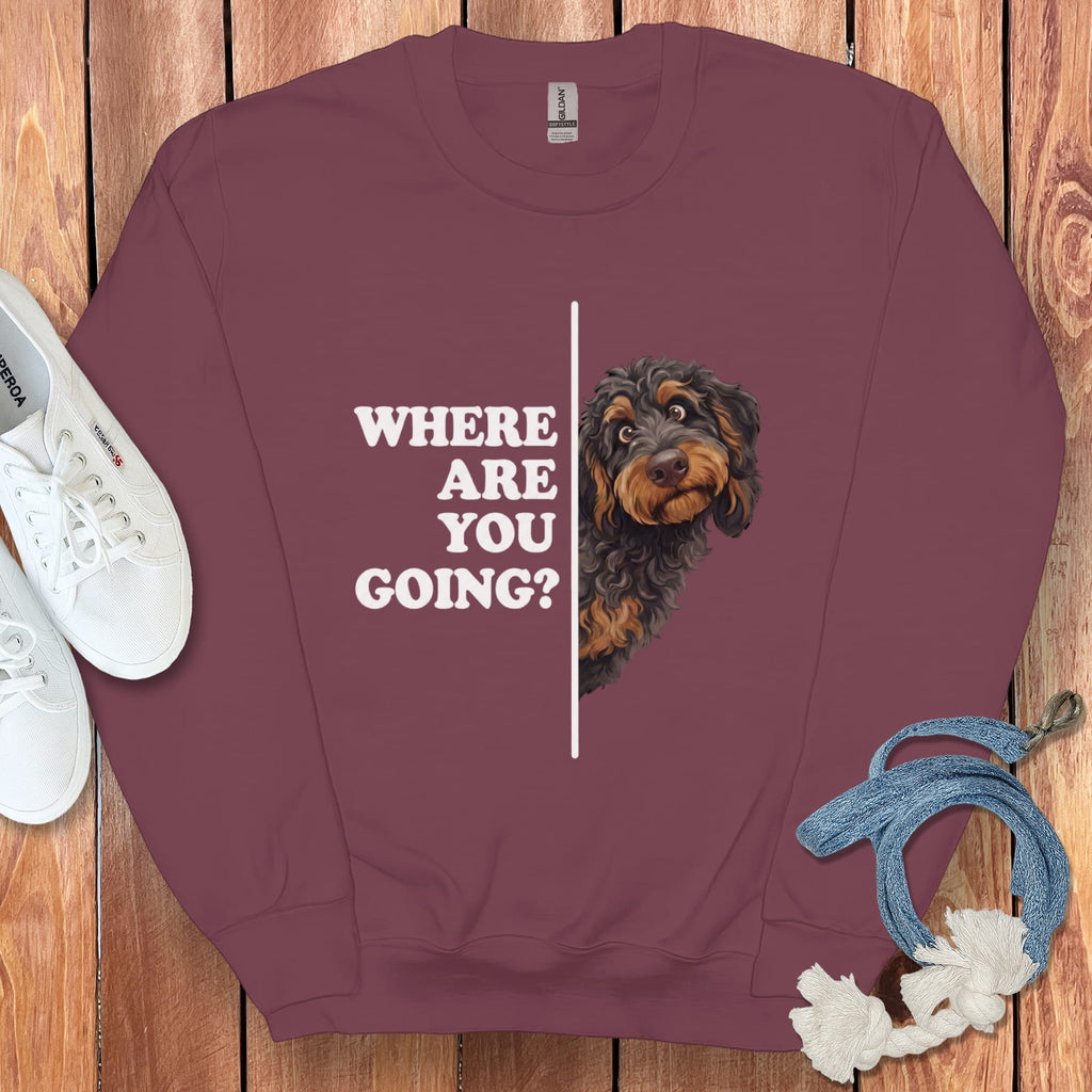 Where Going Phantom Goldendoodle Sweatshirt in Maroon / S by Puppy Jo