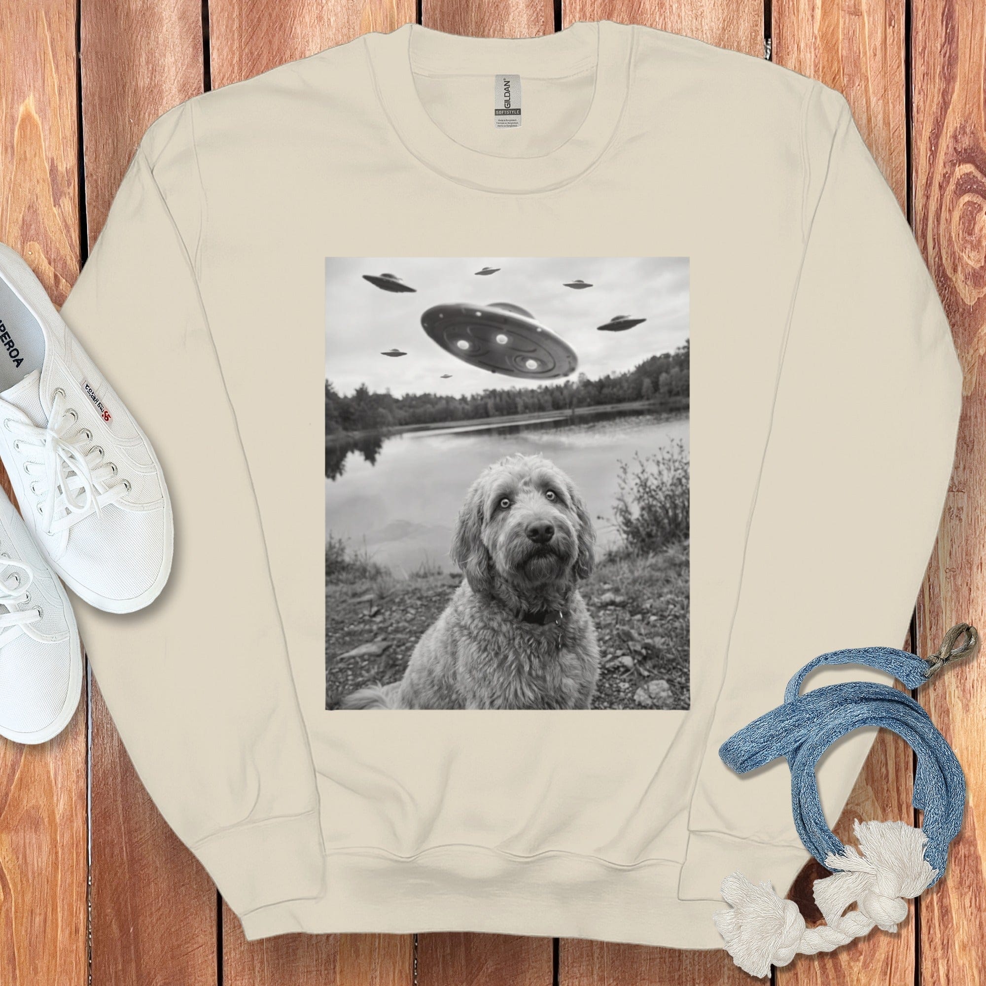 Alien Spaceships and Dog Graphic Sweatshirt Product