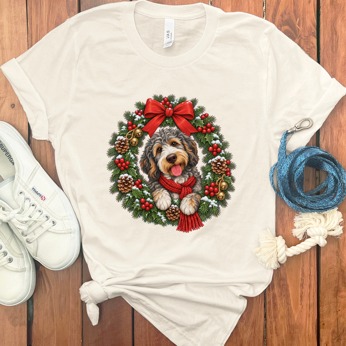 Cream t-shirt featuring an illustrated Christmas wreath with a fluffy dog wearing a red scarf.