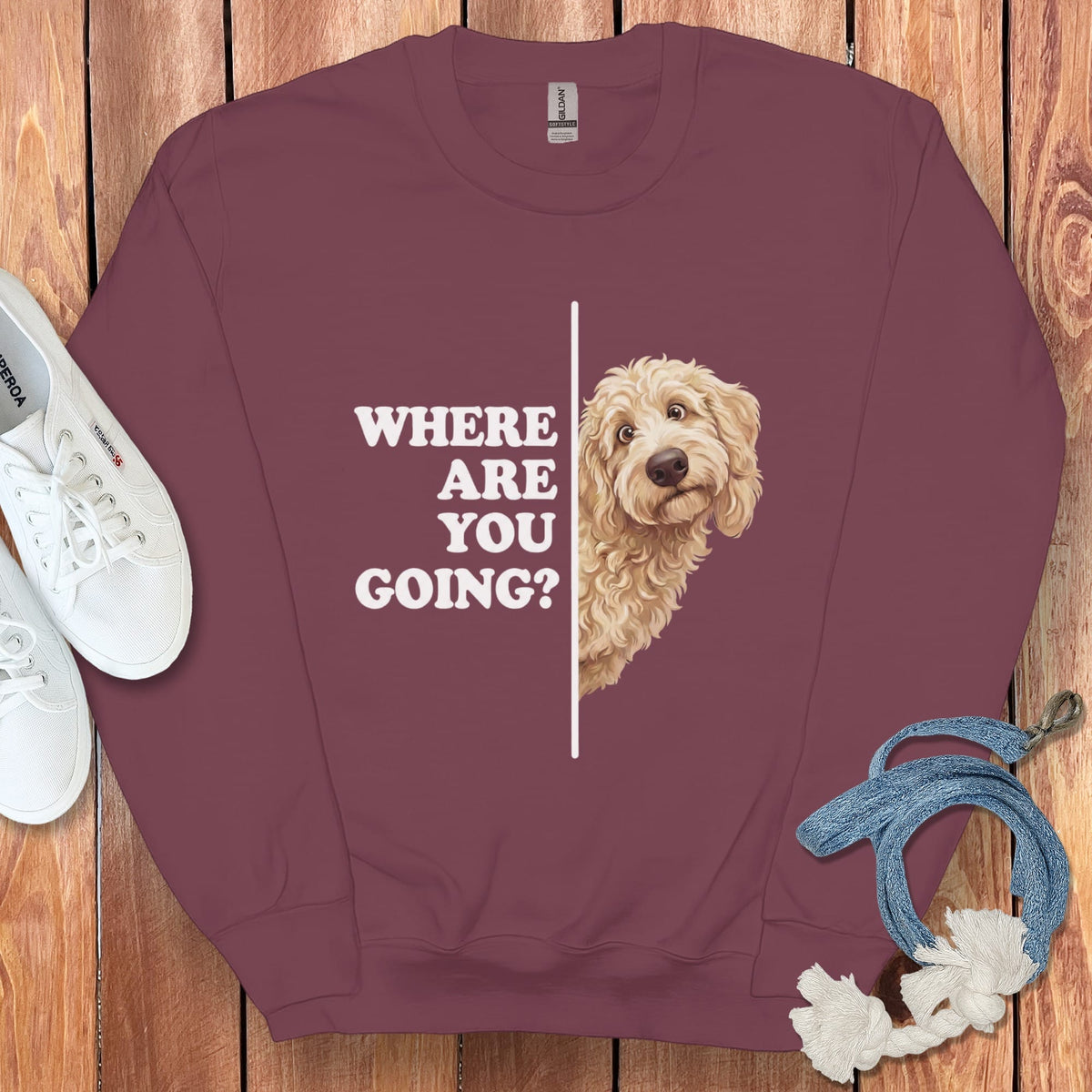 Where Going Cream Goldendoodle Sweatshirt in Maroon / S by Puppy Jo