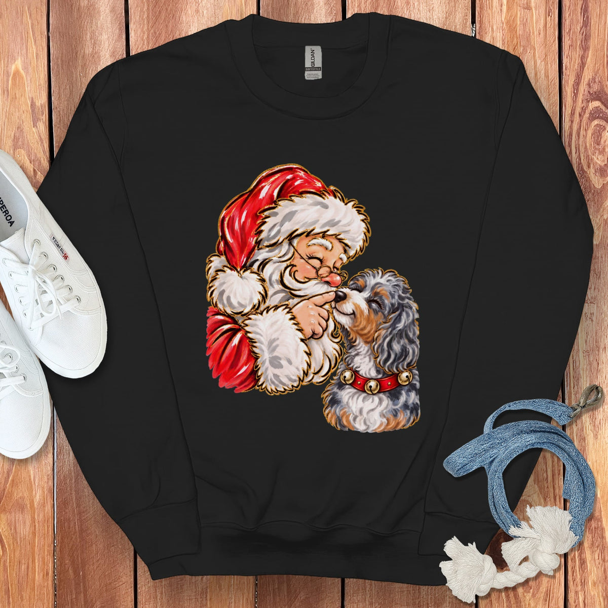 Aussiedoodle Santa Kiss Sweatshirt in Black / S by Puppy Jo