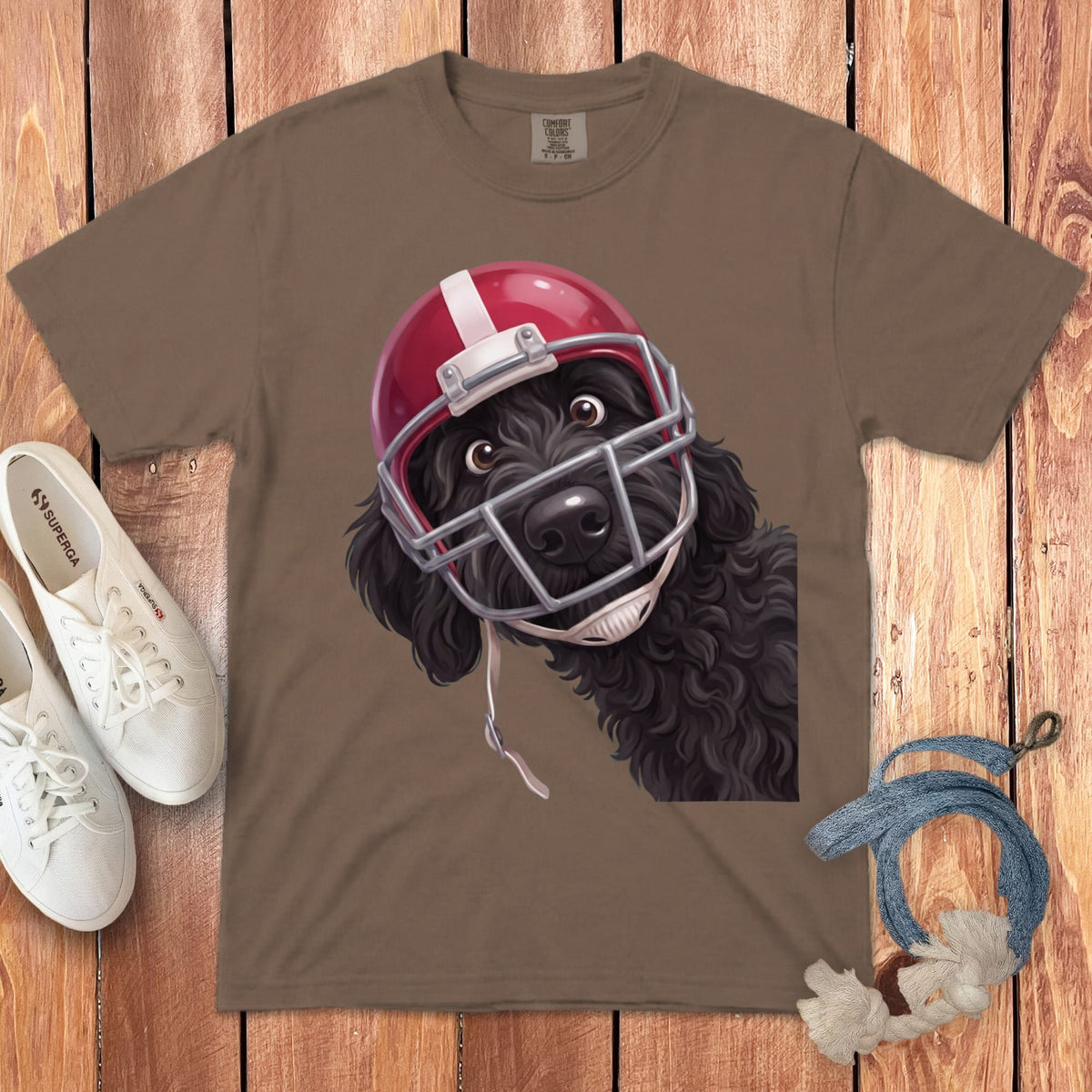 Black Goldendoodle Football Helmet Signature T-Shirt in Espresso / S by Puppy Jo