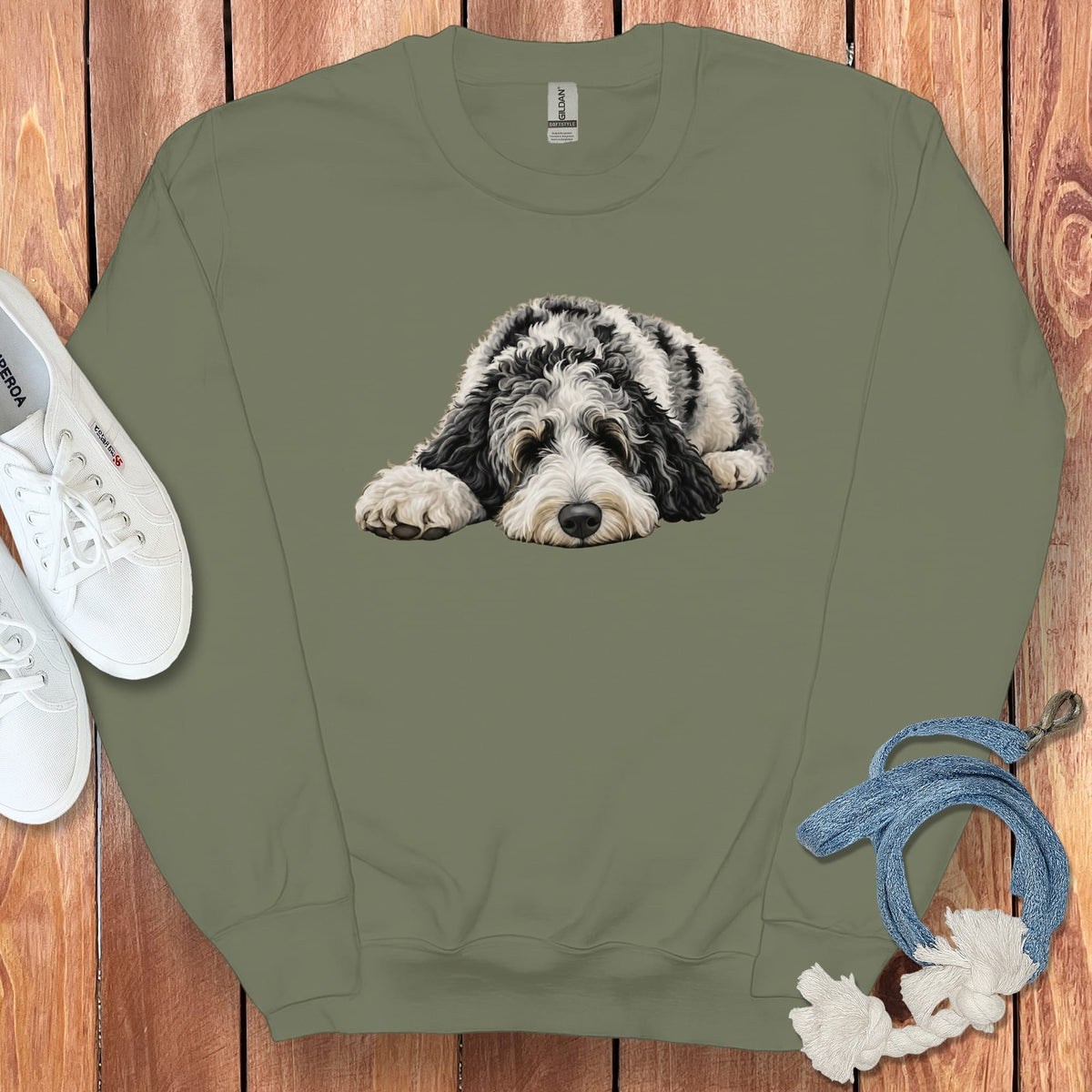 Merle Goldendoodle Snoozing Sweatshirt in Military Green / S by Puppy Jo
