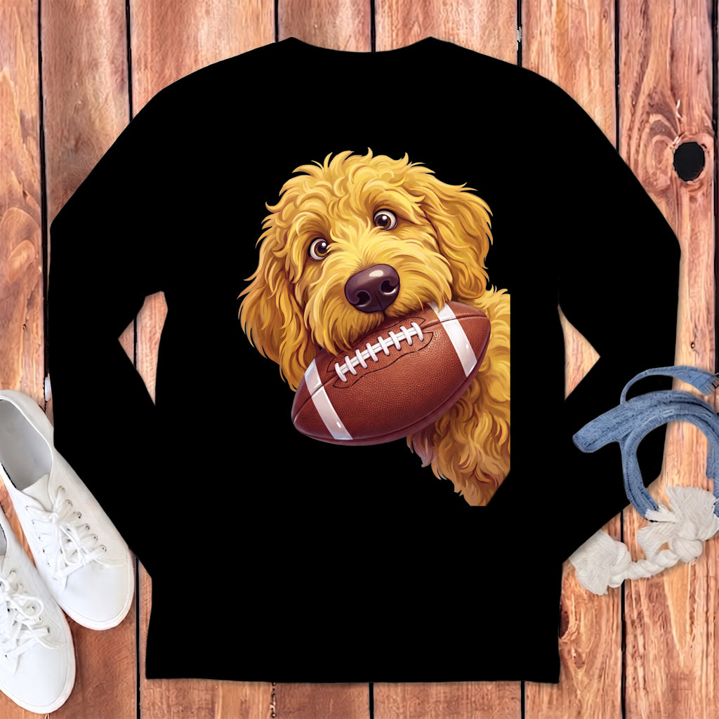 Goldendoodle dog holding a brown and white football in its mouth on black shirt.