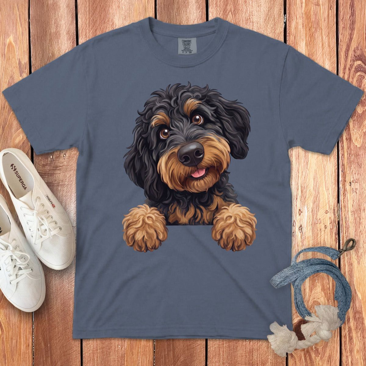 T-shirt with a black and tan doodle dog illustration and Superga shoes.