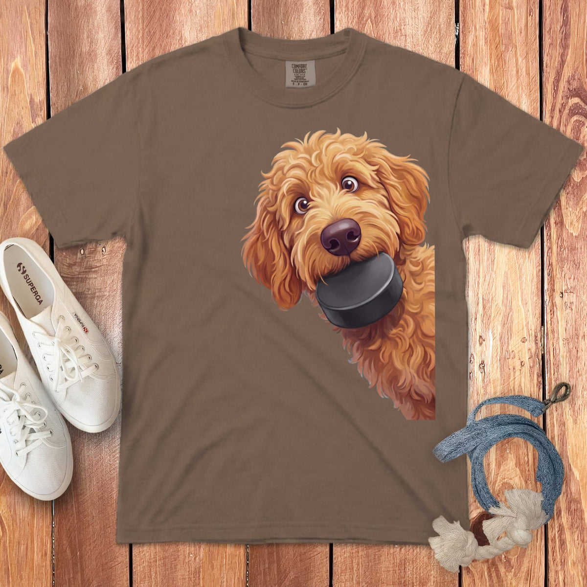 Apricot Goldendoodle Hockey Puck Signature T-Shirt in Espresso / S by Puppy Jo