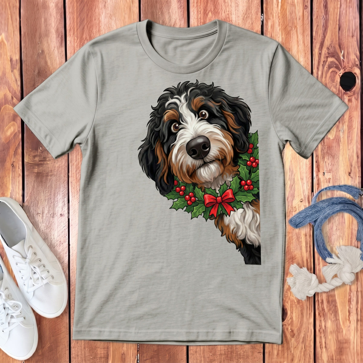 Bernese mountain dog wearing a holly wreath with red bow on a light grey t-shirt.