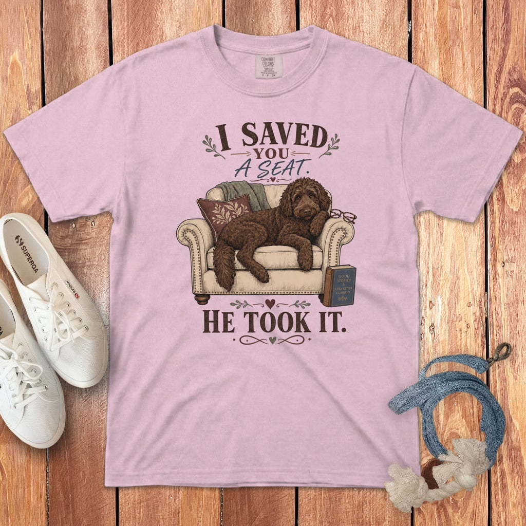 Chocolate Goldendoodle Seat Signature T-Shirt in Blossom / S by Puppy Jo