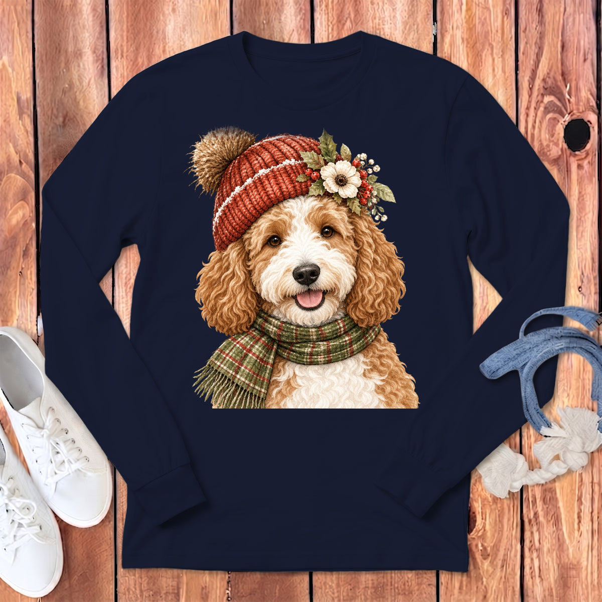 Navy long-sleeve shirt with a watercolor doodle dog wearing a festive hat and scarf.