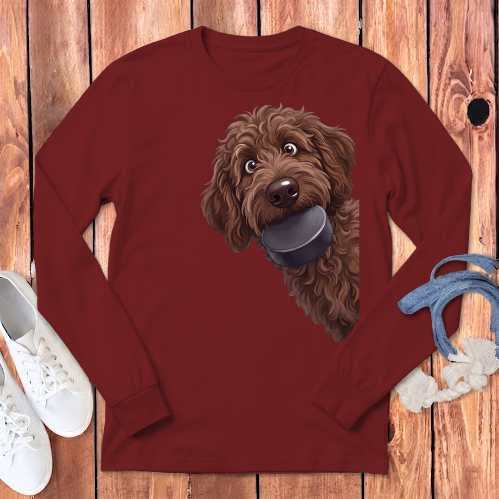 Chocolate Goldendoodle Hockey Puck Long Sleeve T-Shirt in Cardinal / S by Puppy Jo