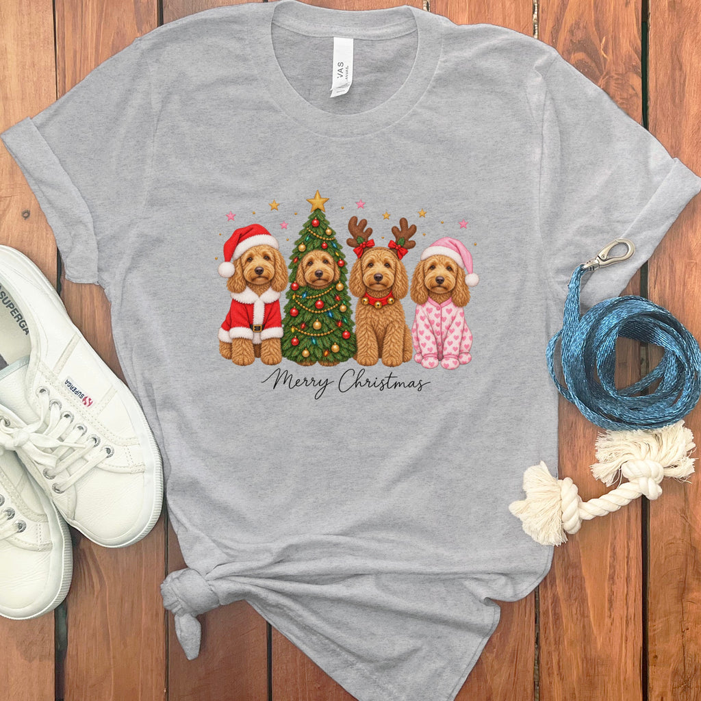 Heather gray t-shirt featuring four dogs, a Christmas tree, and the text Merry Christmas.
