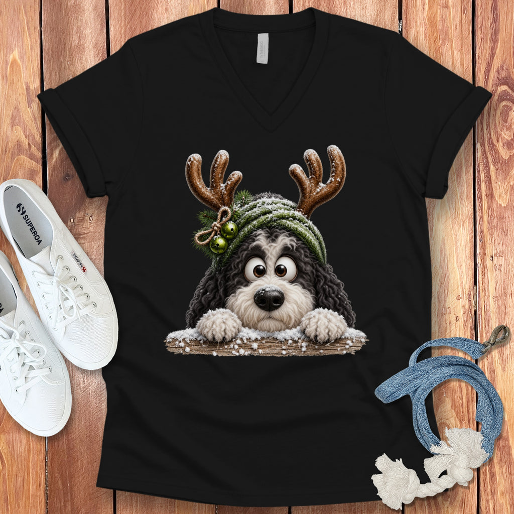Black t-shirt with cartoon dog wearing antlers and a beanie.