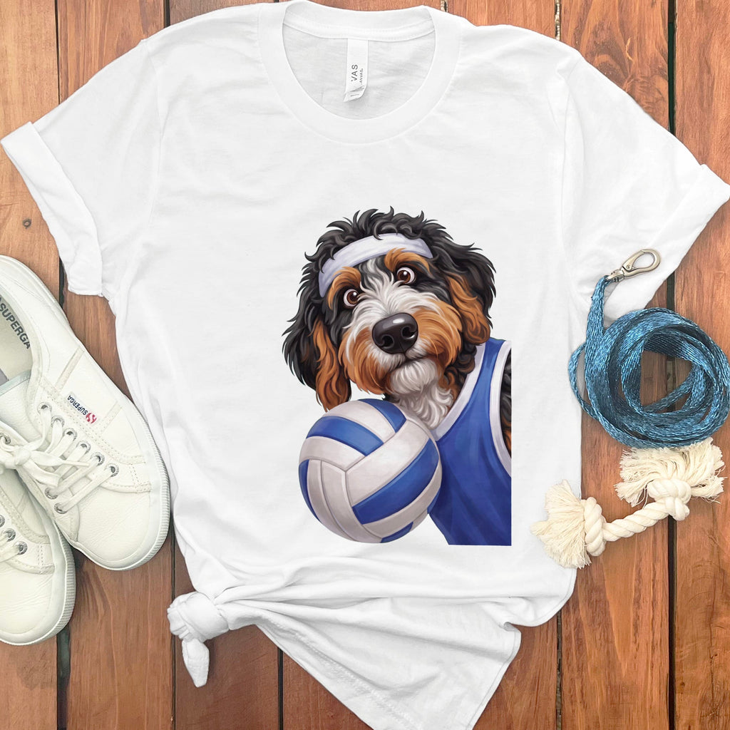 Bernedoodle Volleyball Player T-Shirt in White / S by Puppy Jo