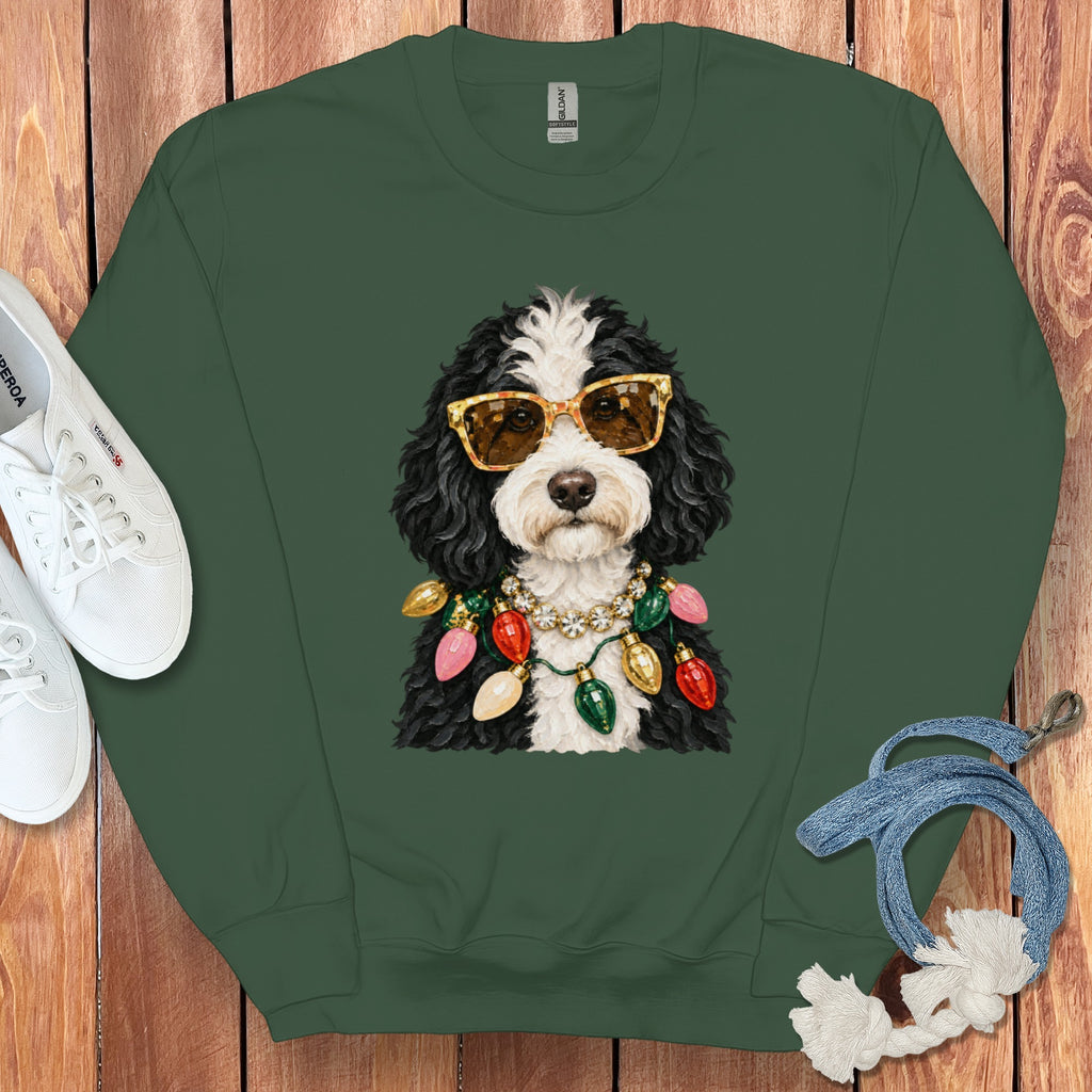 Green sweatshirt with a dog wearing sunglasses and a string of Christmas lights.