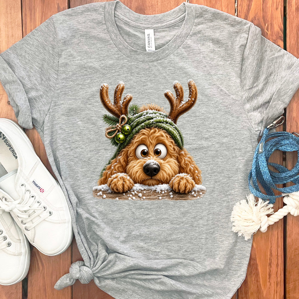 Grey t-shirt with a cartoon doodle dog wearing antlers and a hat.