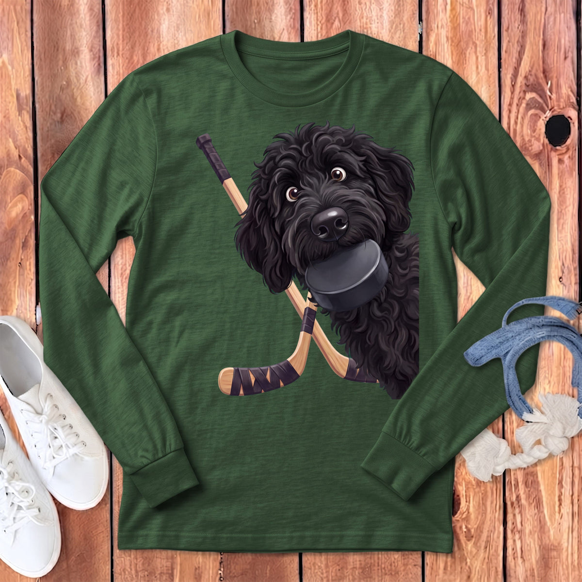 Black Goldendoodle Hockey Long Sleeve T-Shirt in Heather Forest / S by Puppy Jo
