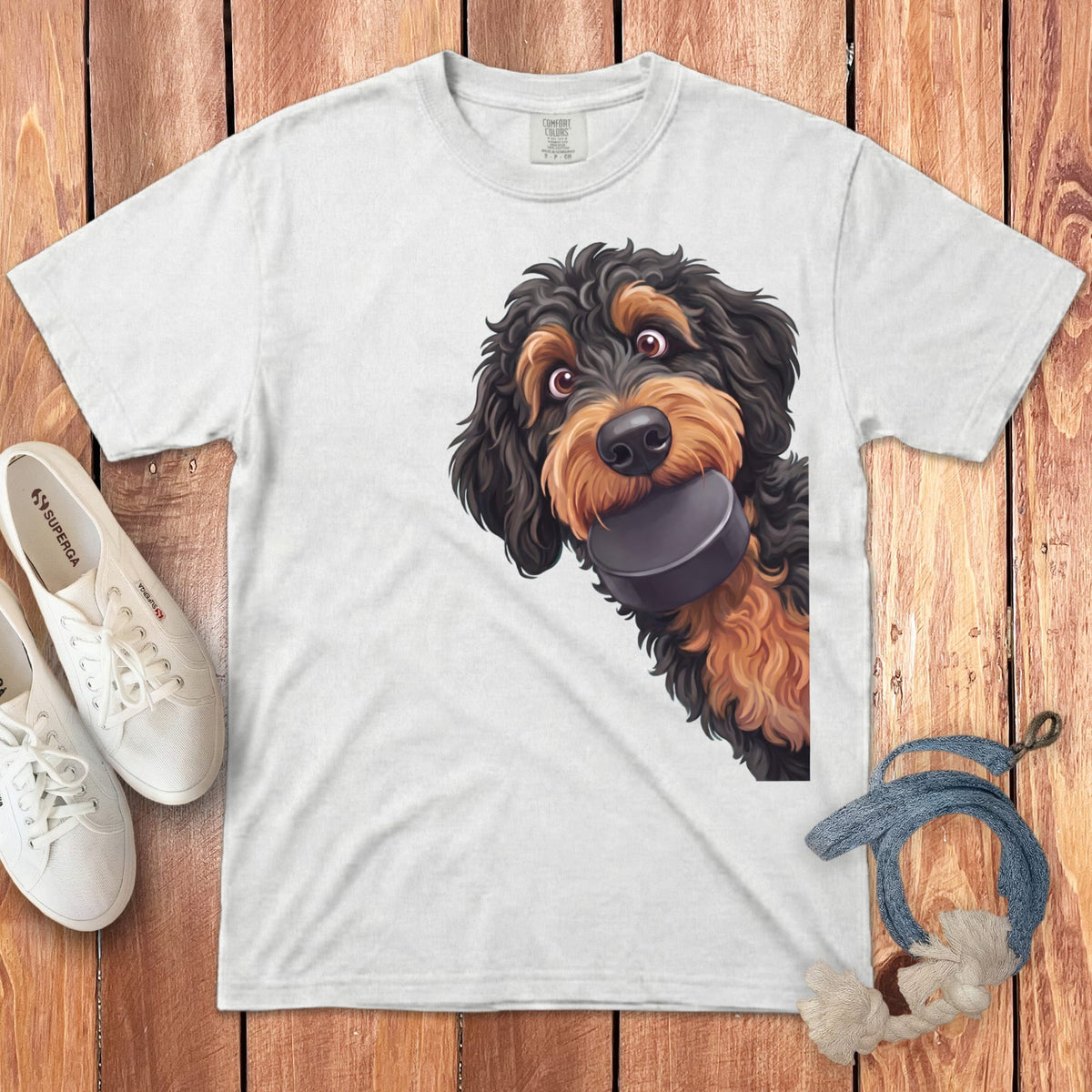 Phantom Goldendoodle Hockey Puck Signature T-Shirt in White / S by Puppy Jo