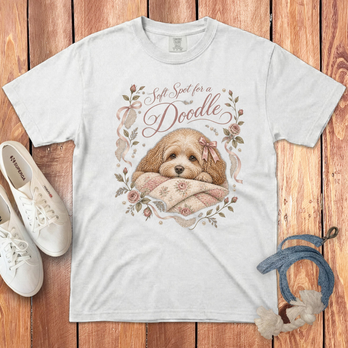 White t-shirt with "Soft Spot for a Doodle" and illustration of a doodle puppy.