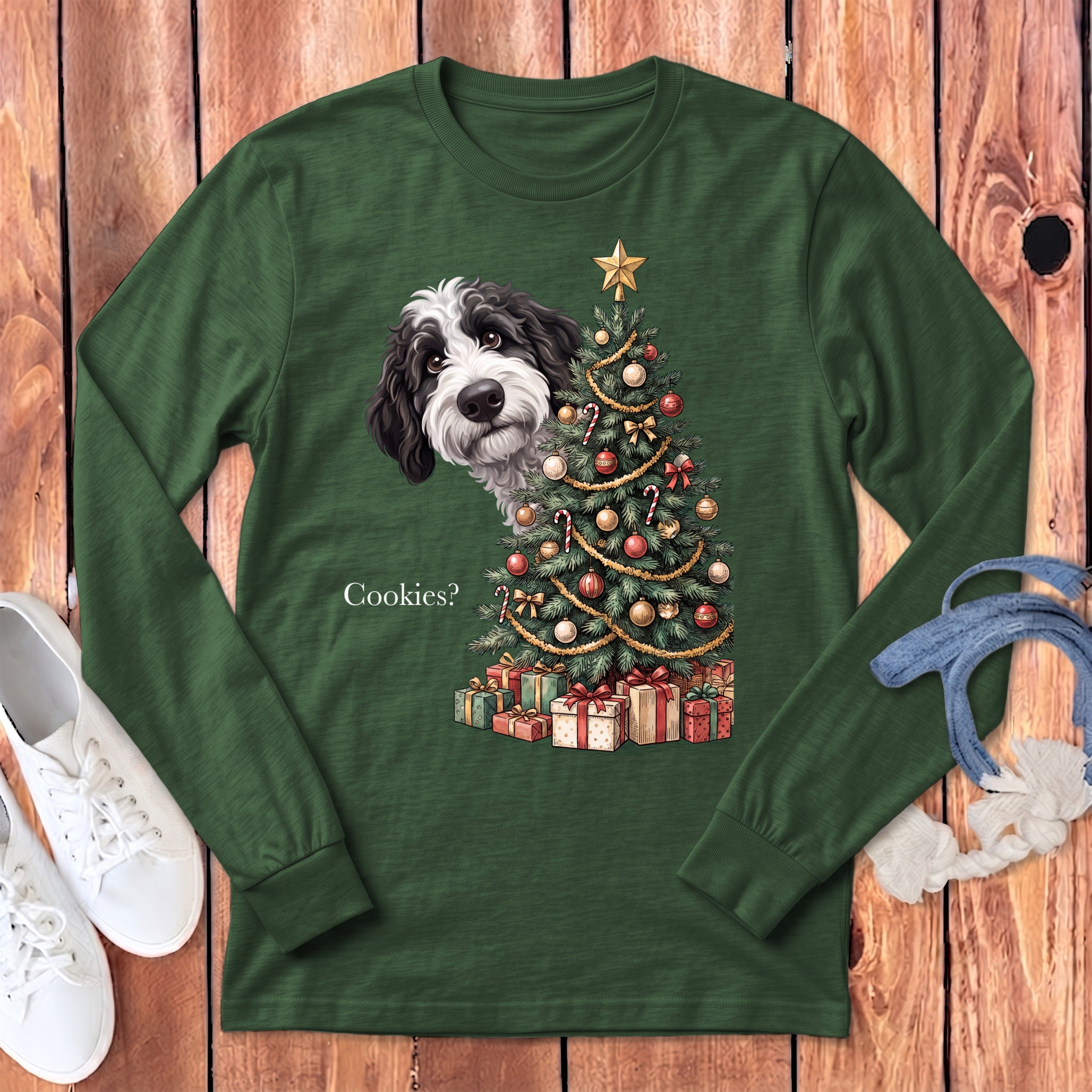 Green long-sleeve shirt with a black and white dog and Christmas tree graphic that says "Cookies?".
