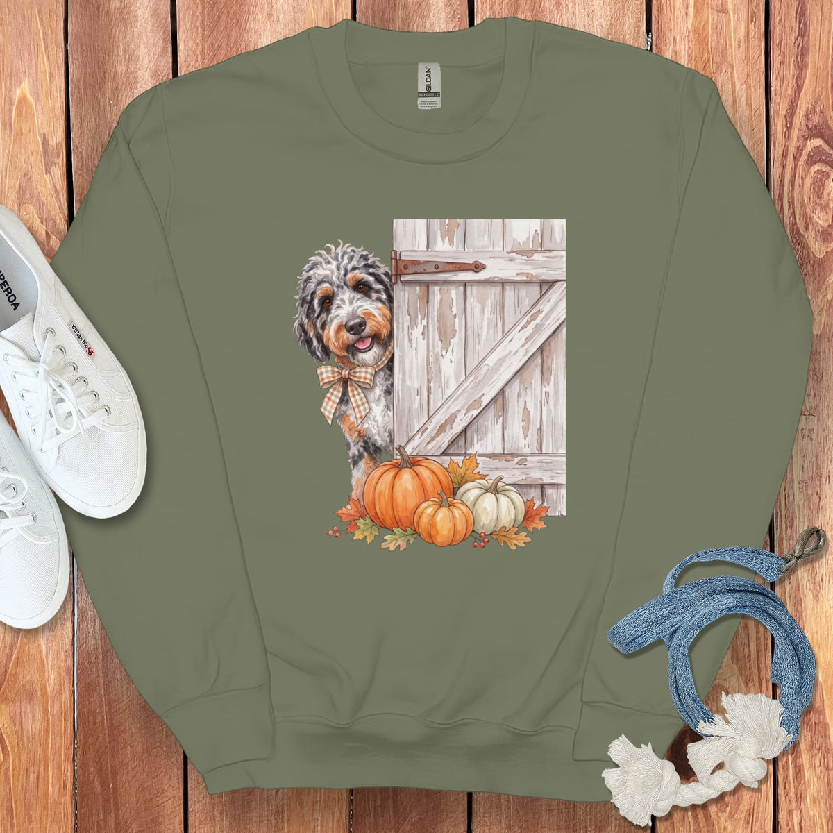 Aussiedoodle Barn Peeking Sweatshirt in Military Green / S by Puppy Jo
