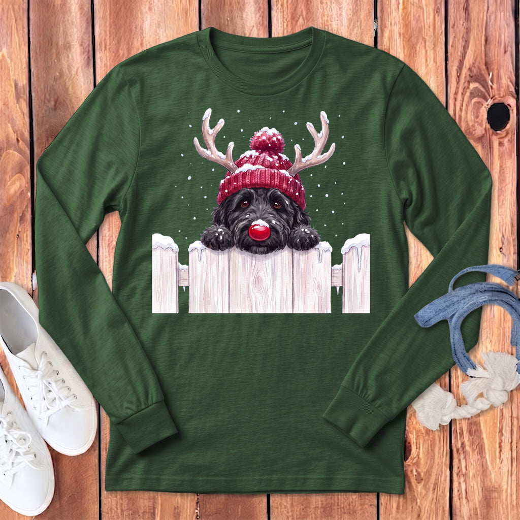 Green long-sleeve shirt with a black dog wearing a reindeer hat and red nose.