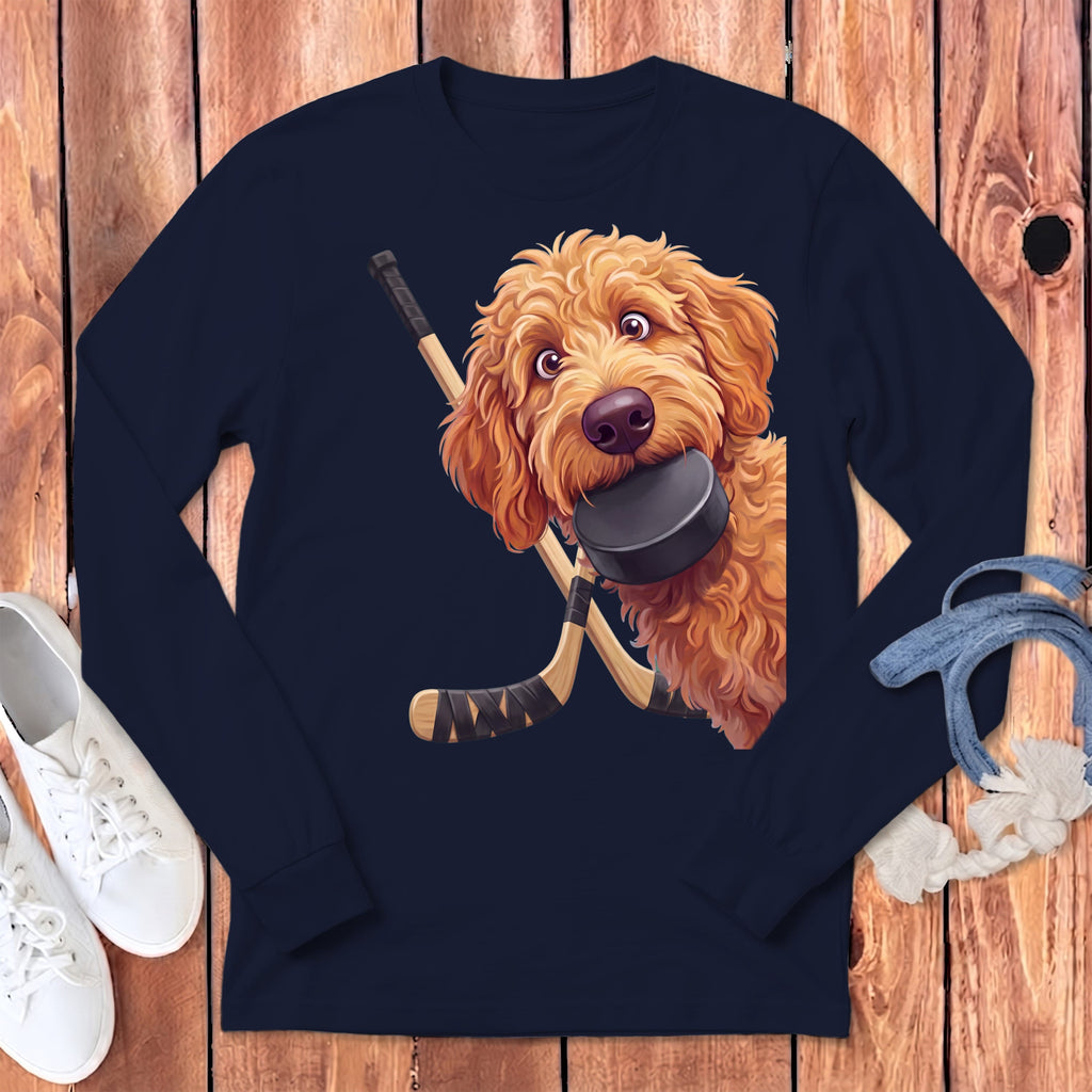 Apricot Goldendoodle Hockey Long Sleeve T-Shirt in Navy / S by Puppy Jo