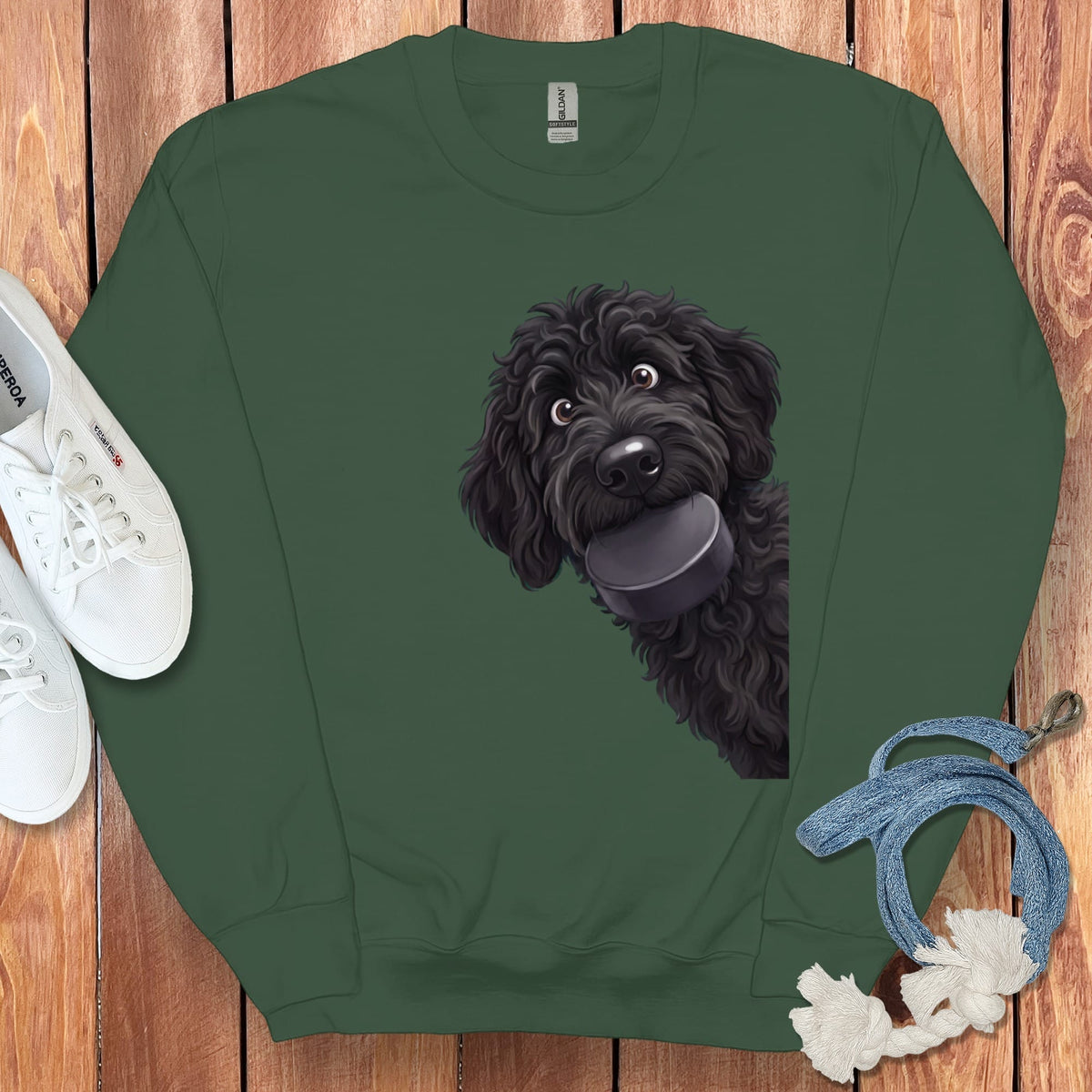 Black Goldendoodle Hockey Puck Sweatshirt in Forest Green / S by Puppy Jo
