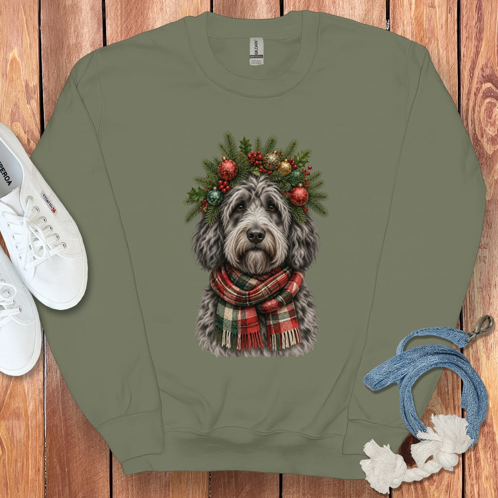 Merle Goldendoodle Holiday Crown Sweatshirt in Military Green / S by Puppy Jo