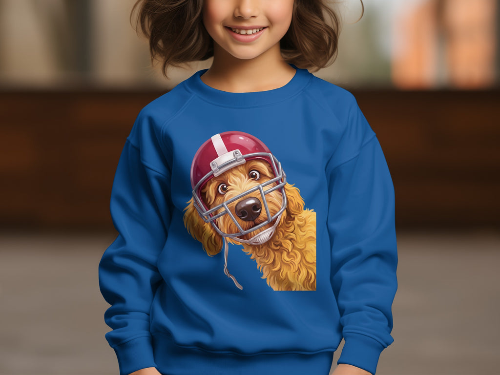 Blue sweatshirt with a golden doodle wearing a red football helmet.