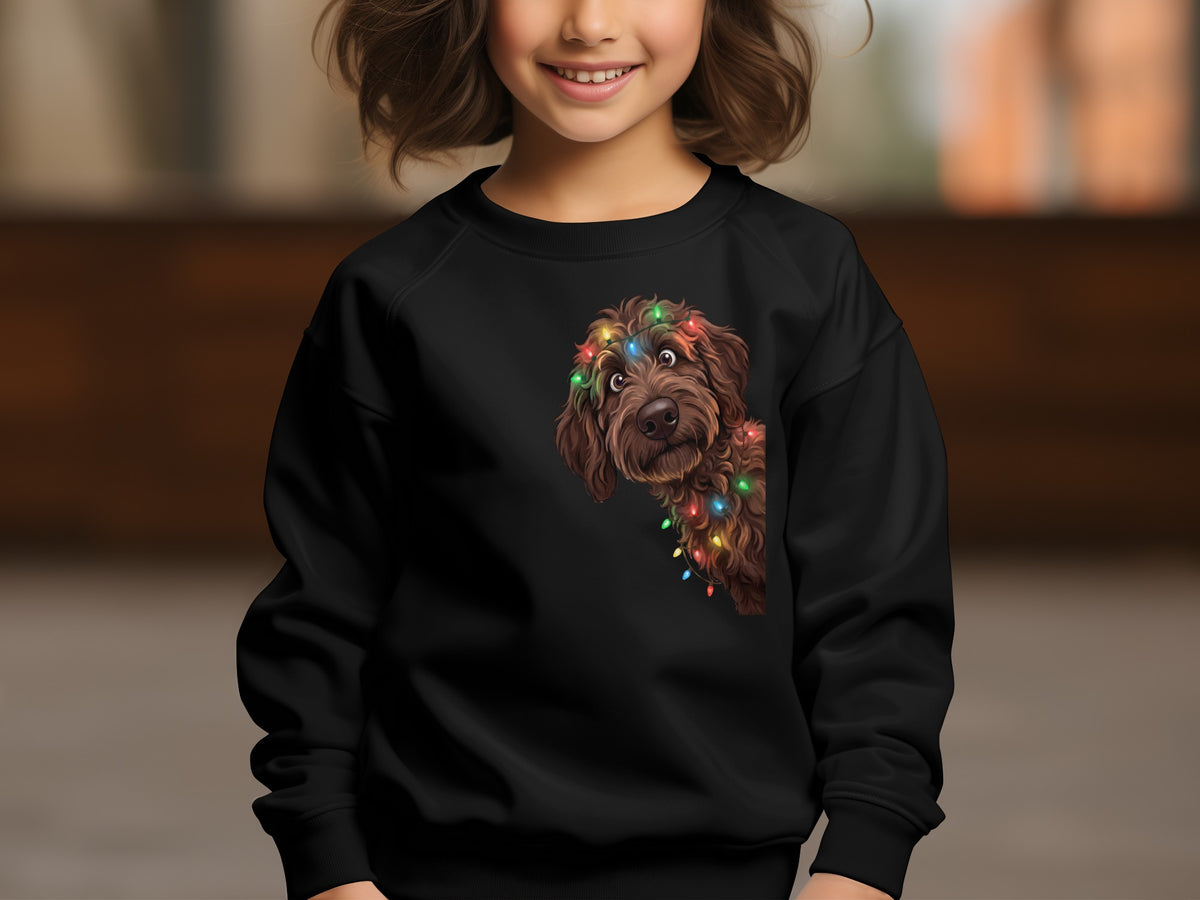 Black sweatshirt with a brown dog wearing colorful Christmas lights graphic.