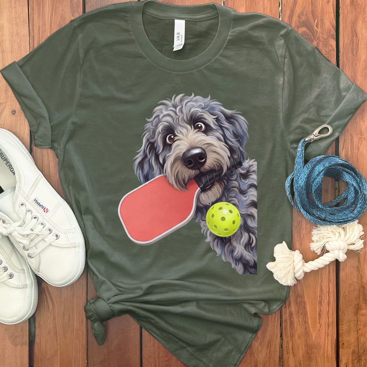 Merle Goldendoodle Pickleball T-Shirt in Military Green / S by Puppy Jo