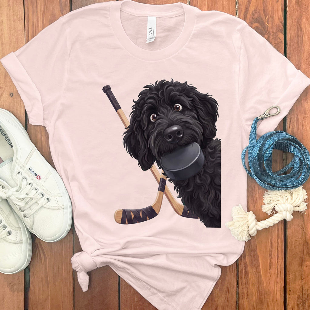 Black Goldendoodle Hockey T-Shirt in Soft Pink / S by Puppy Jo