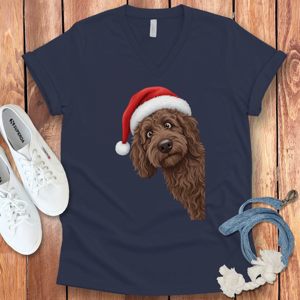 Chocolate Goldendoodle Holiday Santa V-Neck T-Shirt in Navy / S by Puppy Jo