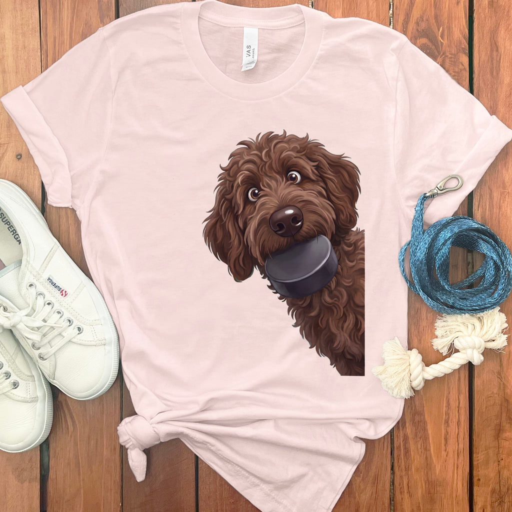 Chocolate Goldendoodle Hockey Puck T-Shirt in Soft Pink / S by Puppy Jo