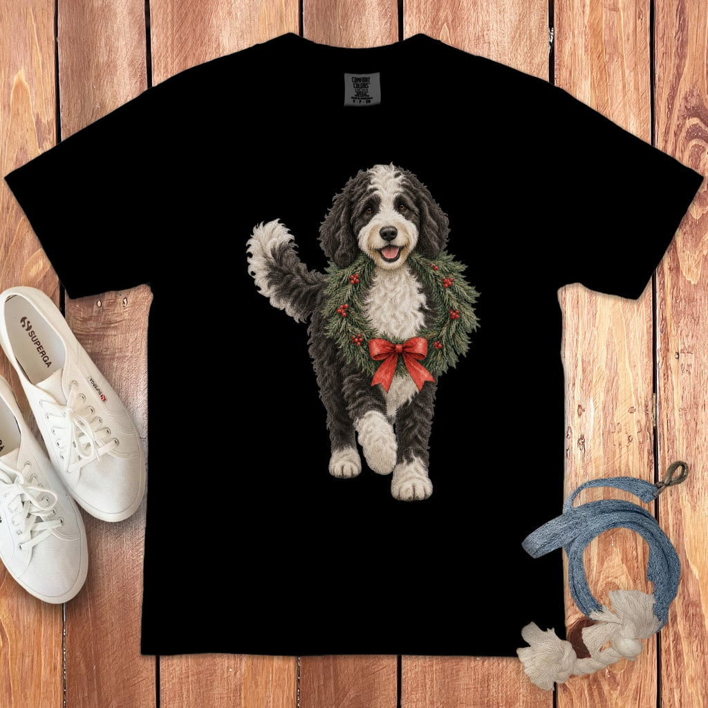 Sheepadoodle Wreath Signature T-Shirt in Black / S by Puppy Jo