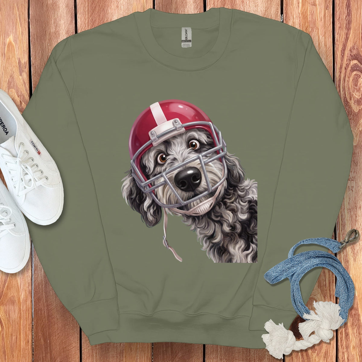 Merle Goldendoodle Football Helmet Sweatshirt in Military Green / S by Puppy Jo
