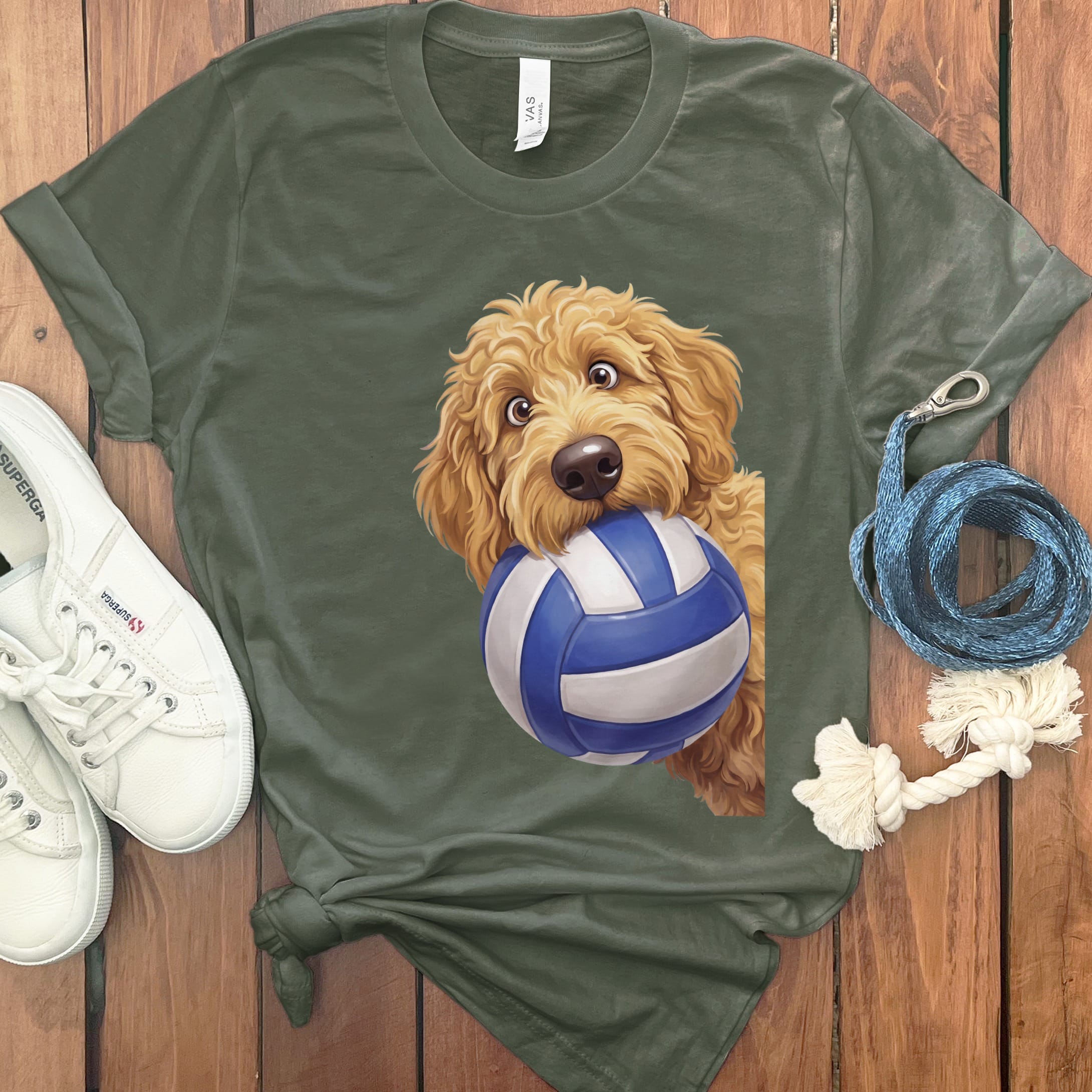 Golden Goldendoodle Volleyball T-Shirt in Military Green / S by Puppy Jo