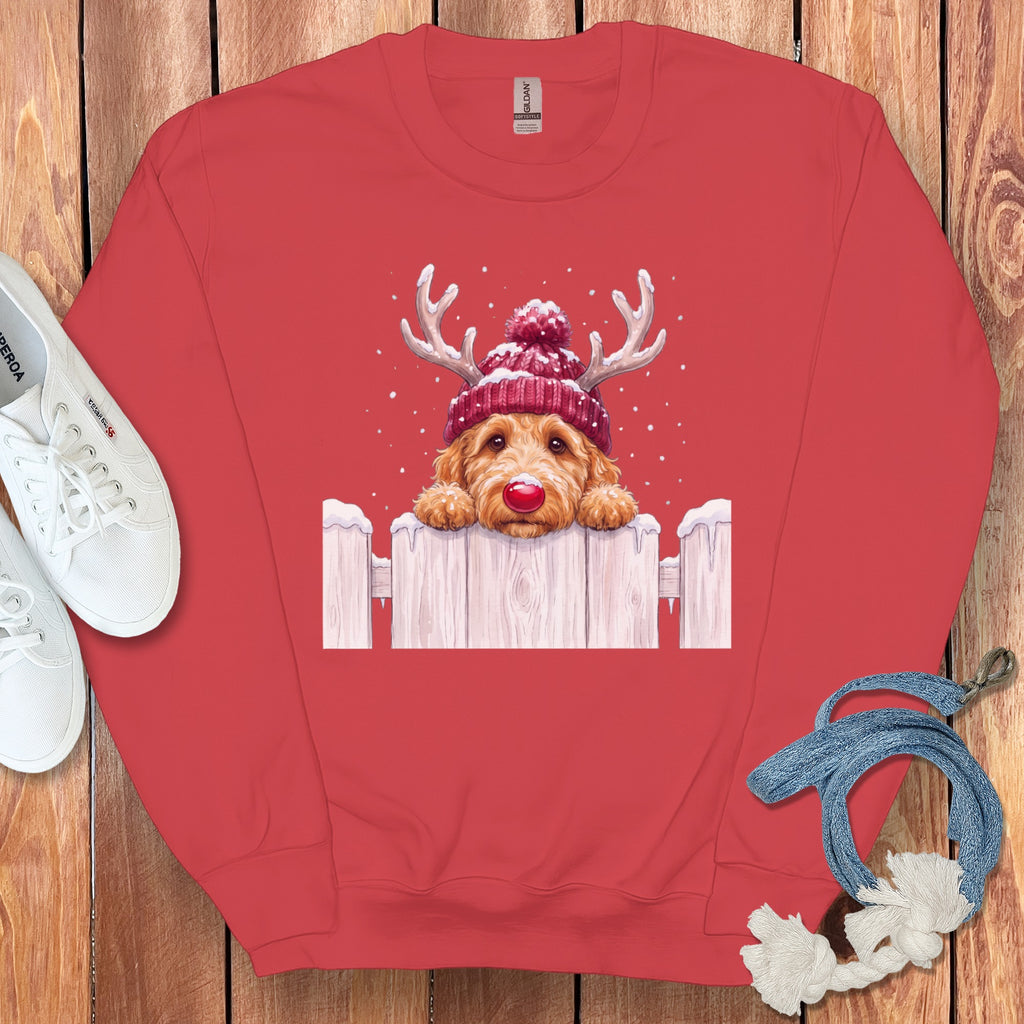 Red sweatshirt with a Christmas doodle dog wearing reindeer antlers and a beanie.