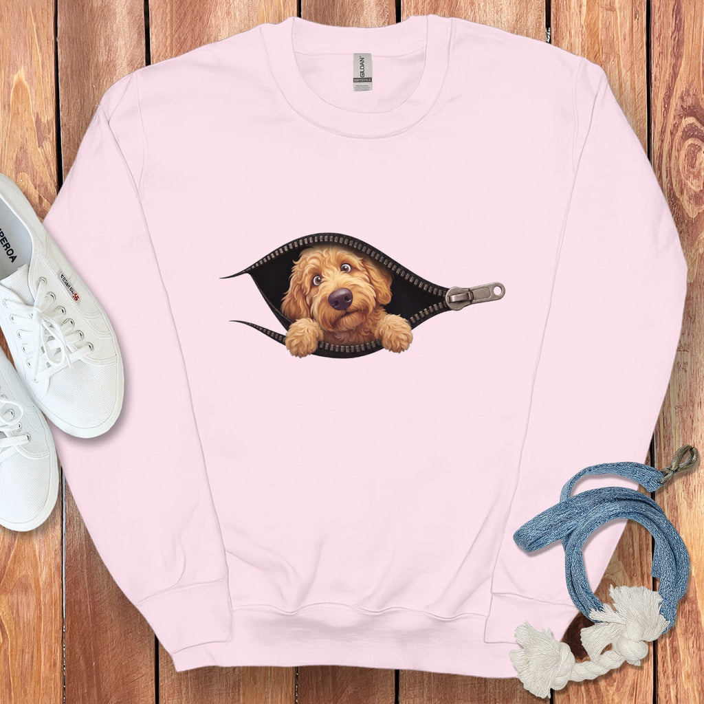 Apricot Goldendoodle Peeking Zipper Sweatshirt in Light Pink / S by Puppy Jo