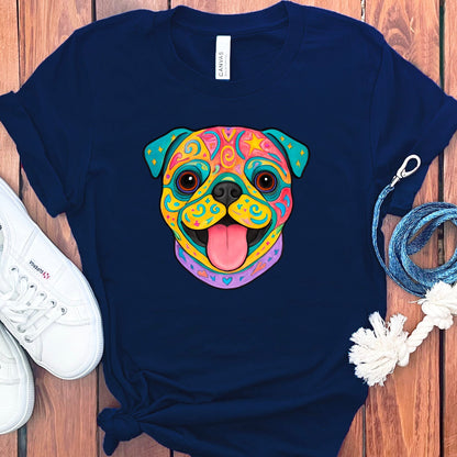 Colorful Pug Face Art on Dark Blue T-Shirt product