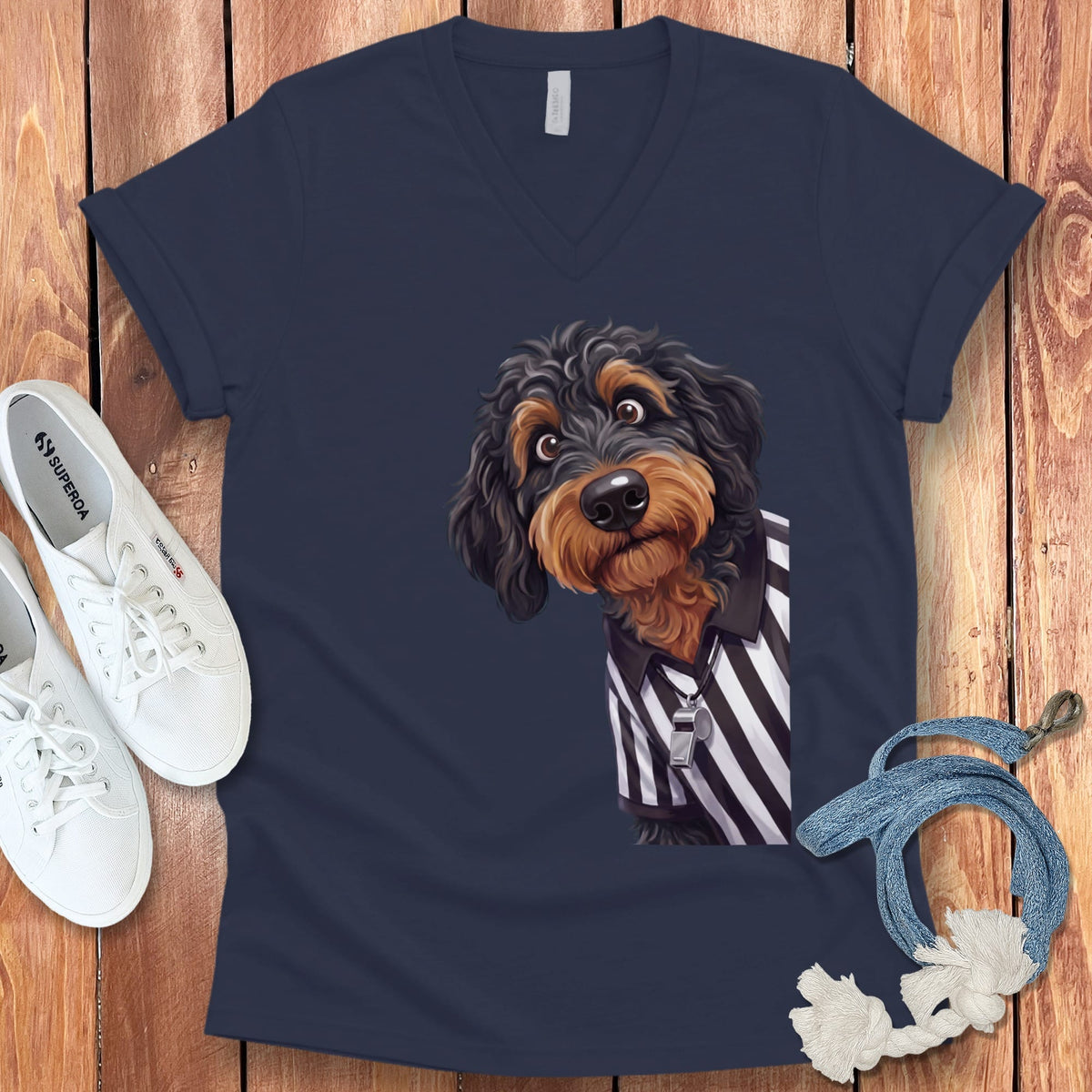 Phantom Goldendoodle Football Referee V-Neck T-Shirt in Navy / S by Puppy Jo
