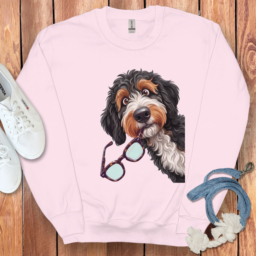 Light pink crewneck sweatshirt with a colorful illustration of a Bernedoodle dog holding glasses in its mouth.