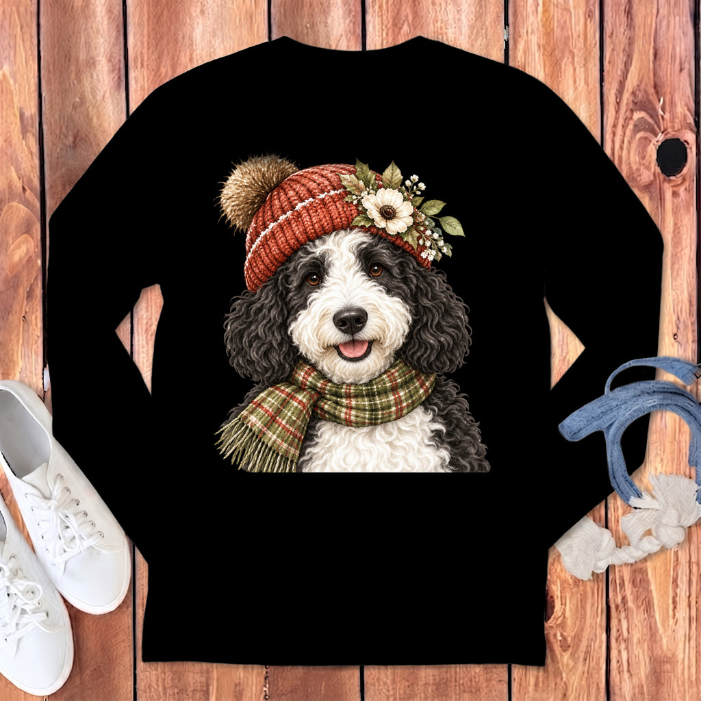 Black long sleeve shirt with a printed dog wearing a hat and scarf.