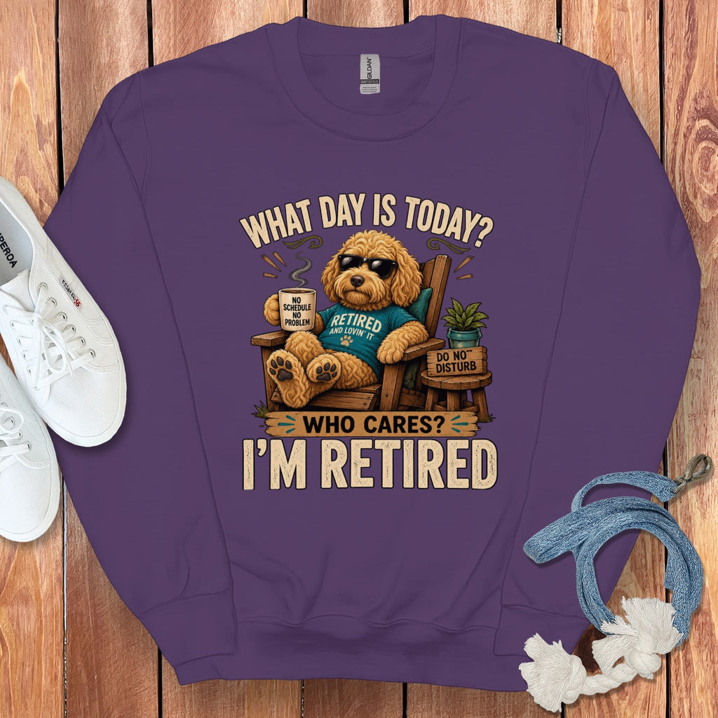 I'm Retired Golden Goldendoodle Sweatshirt in Purple / S by Puppy Jo
