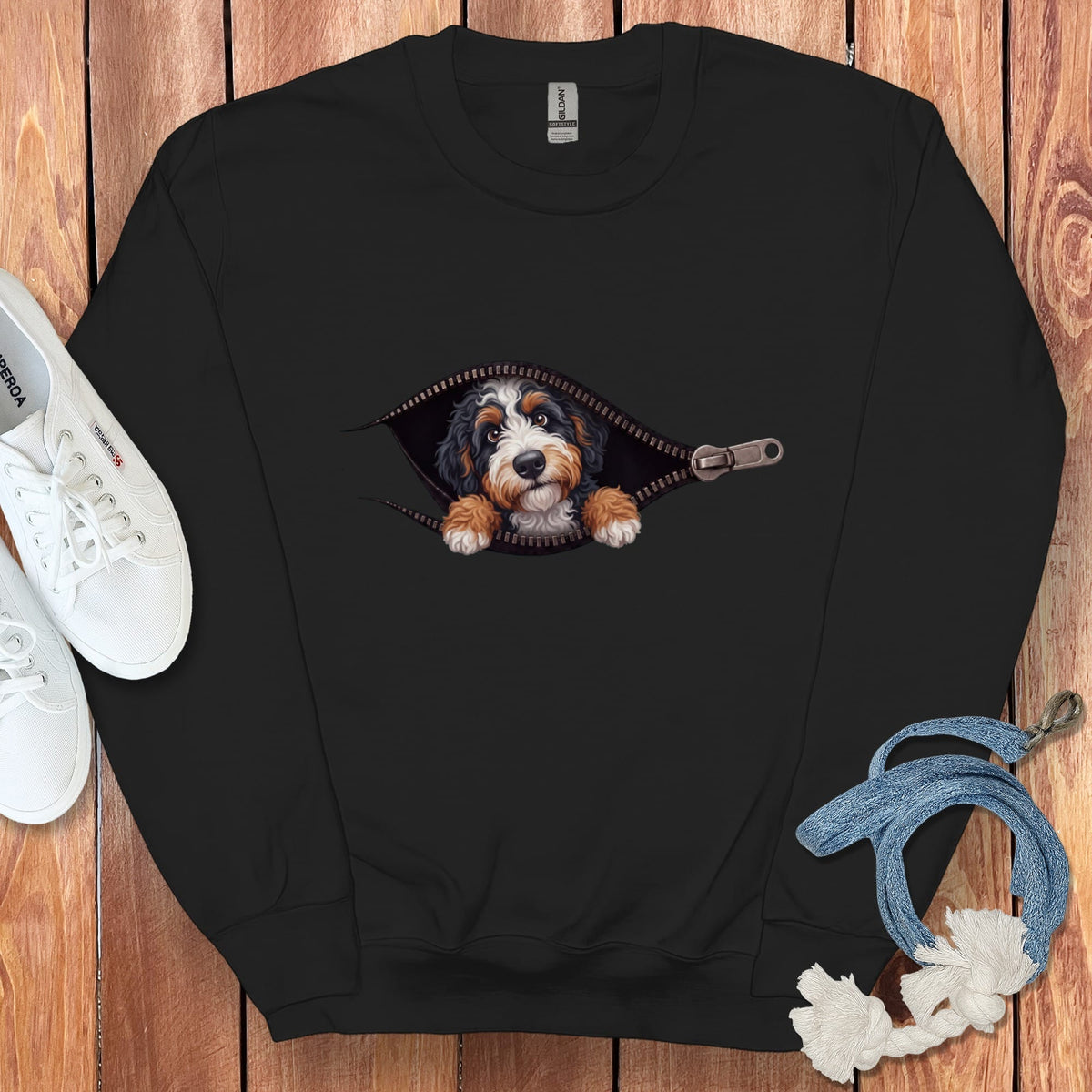 Bernedoodle Peeking Zipper Sweatshirt in Black / S by Puppy Jo