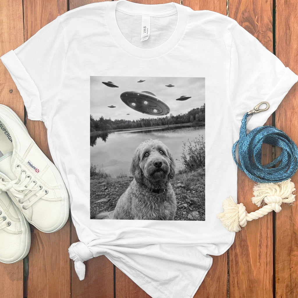 UFO Dog Graphic Tee Alien Spaceships Shirt for Men Women