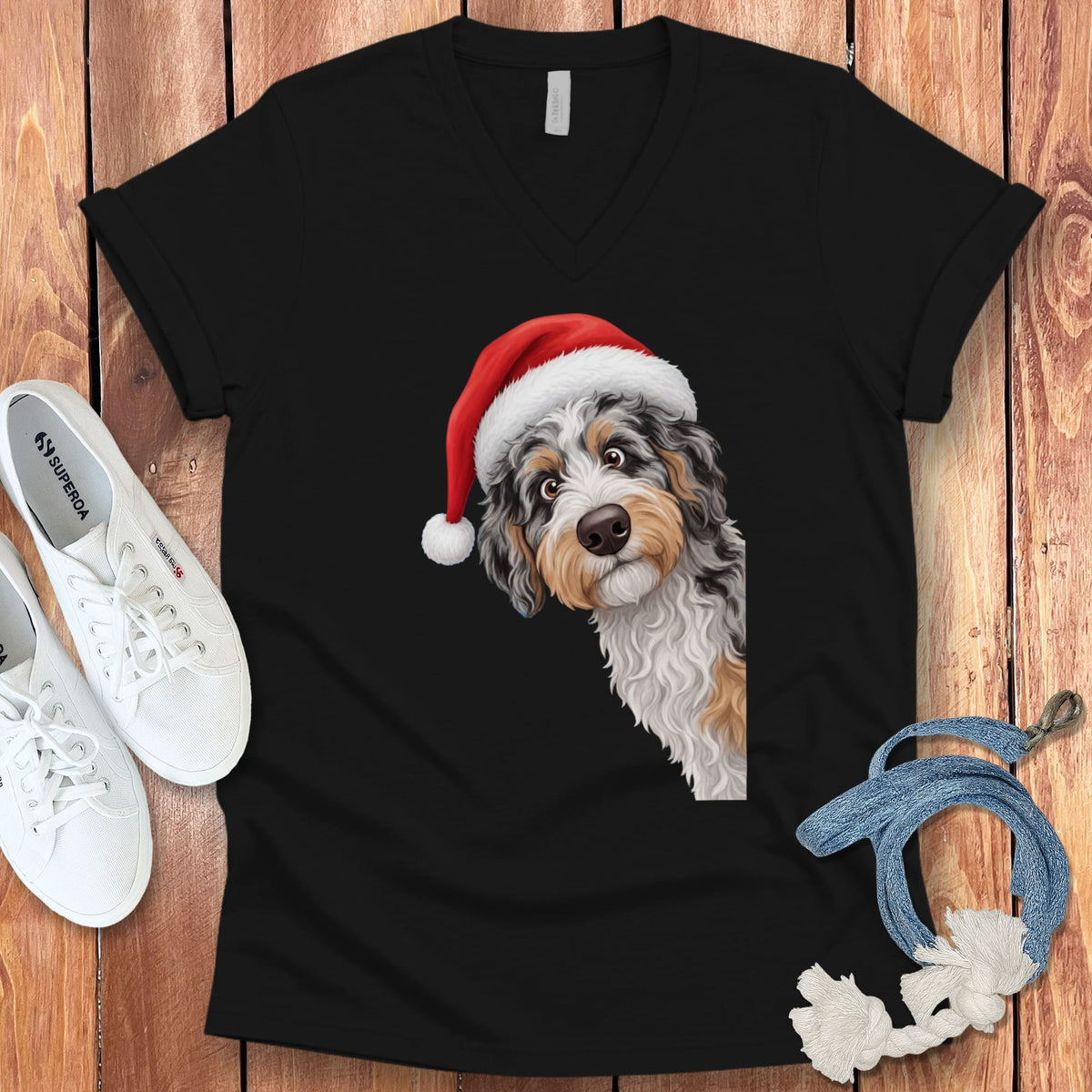 Phantom Goldendoodle Holiday Santa V-Neck T-Shirt in Black / S by Puppy Jo