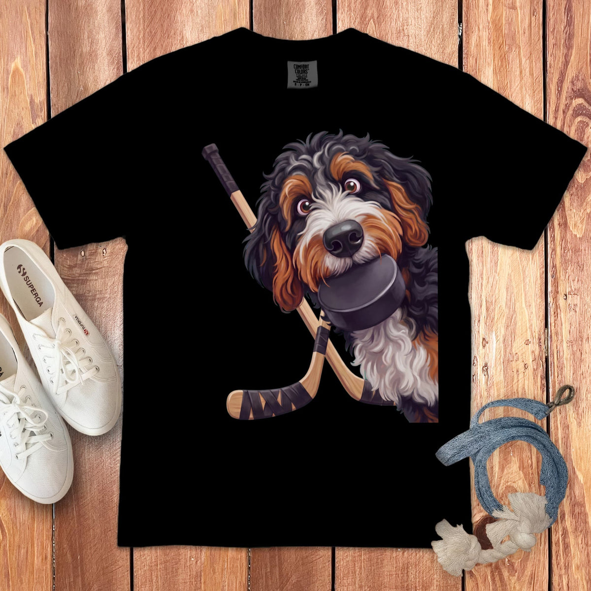 Bernedoodle Hockey Signature T-Shirt in Black / S by Puppy Jo